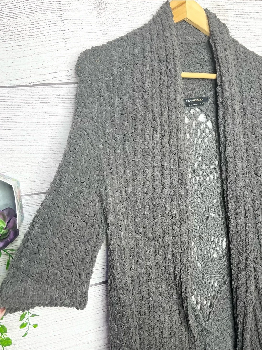 BCBGMaxAzria Charcoal Gray Textured Boho Crochet Back Cardigan Size Small